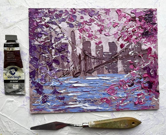 New York Painting Cityscape Original Art NYC Small Oil Impasto Cherry Blossom Tree Artwork Home Wall Art 10 by 8" by Halyna Kirichenko