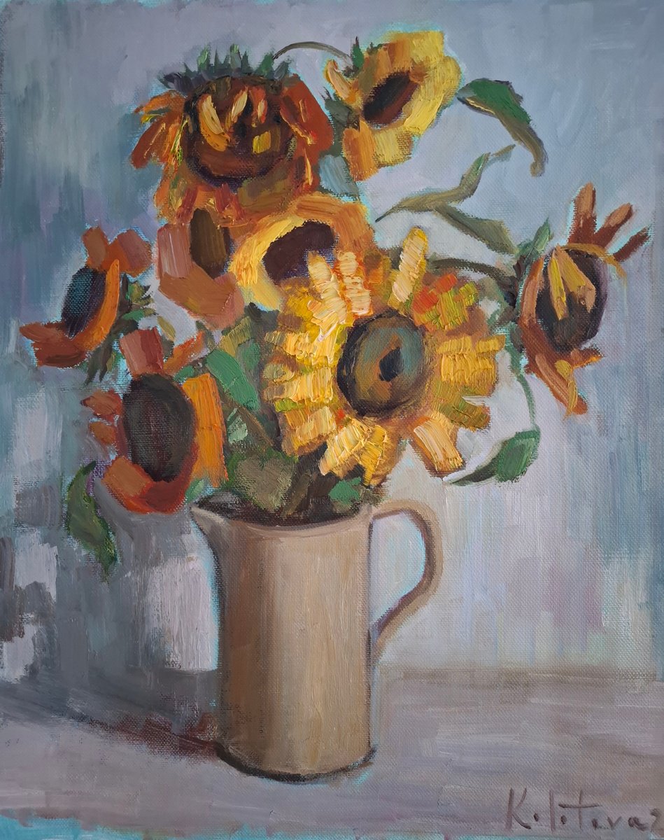 Impressionistic Botanical Oil Painting By Olena Kolotova, 16 X 20", Flowers "Autum Sunflowers - , Original Artwork