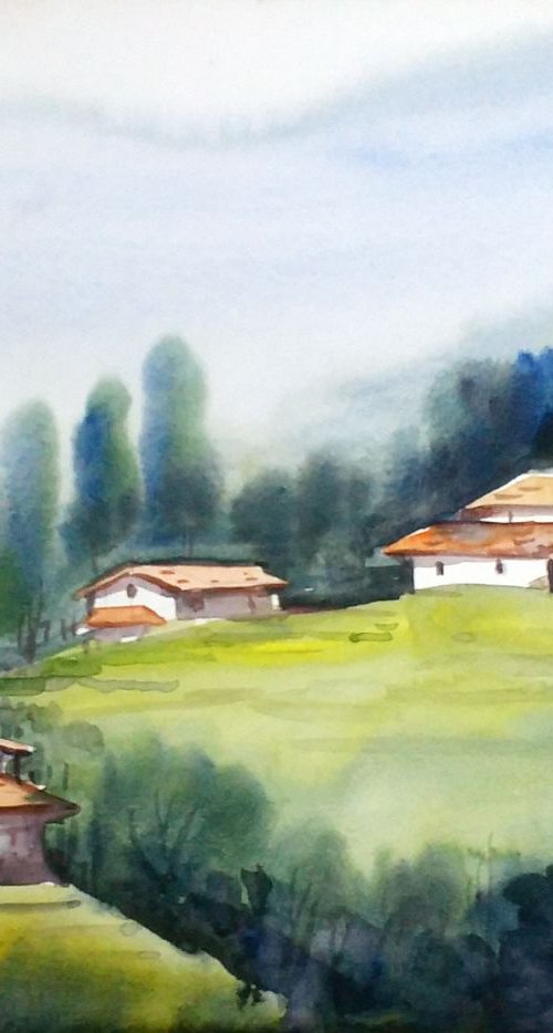 Morning Village- Watercolor on Paper by Samiran Sarkar