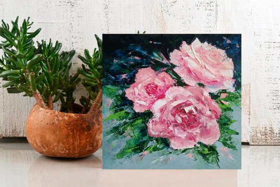 Pink Roses Painting Original Art Small Floral Wall Art Rose Flower Artwork Palette Knife 8 by 8