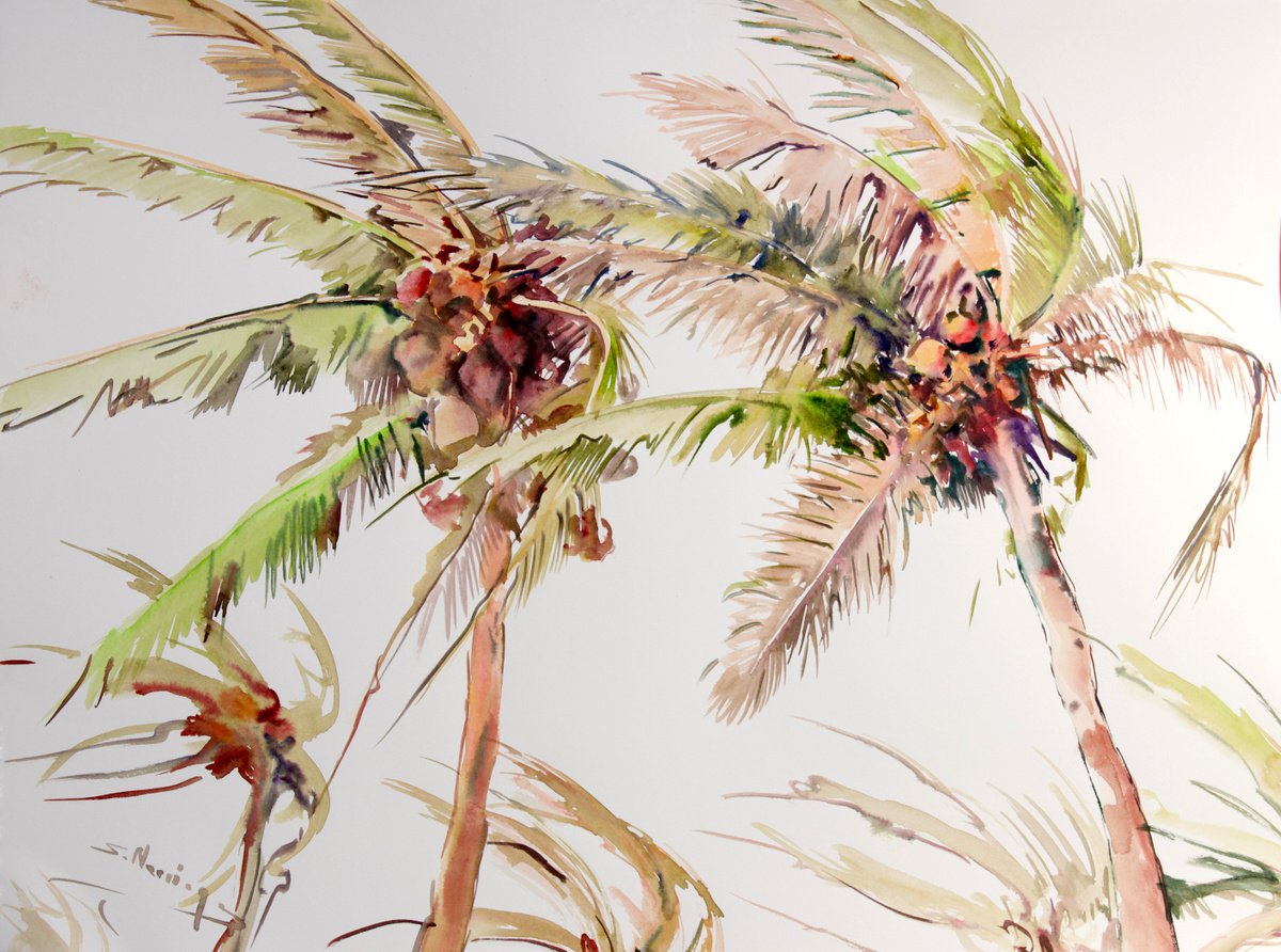 Expressive Botanical Watercolour By Suren Nersisyan, 23 X 18", Coconut Palm Trees. Wind, Original Artwork