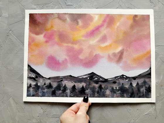 Mountain range art / Sunset clouds painting