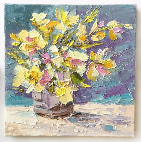 Flowers in vase. Daffodils still life. Small floral oil painting