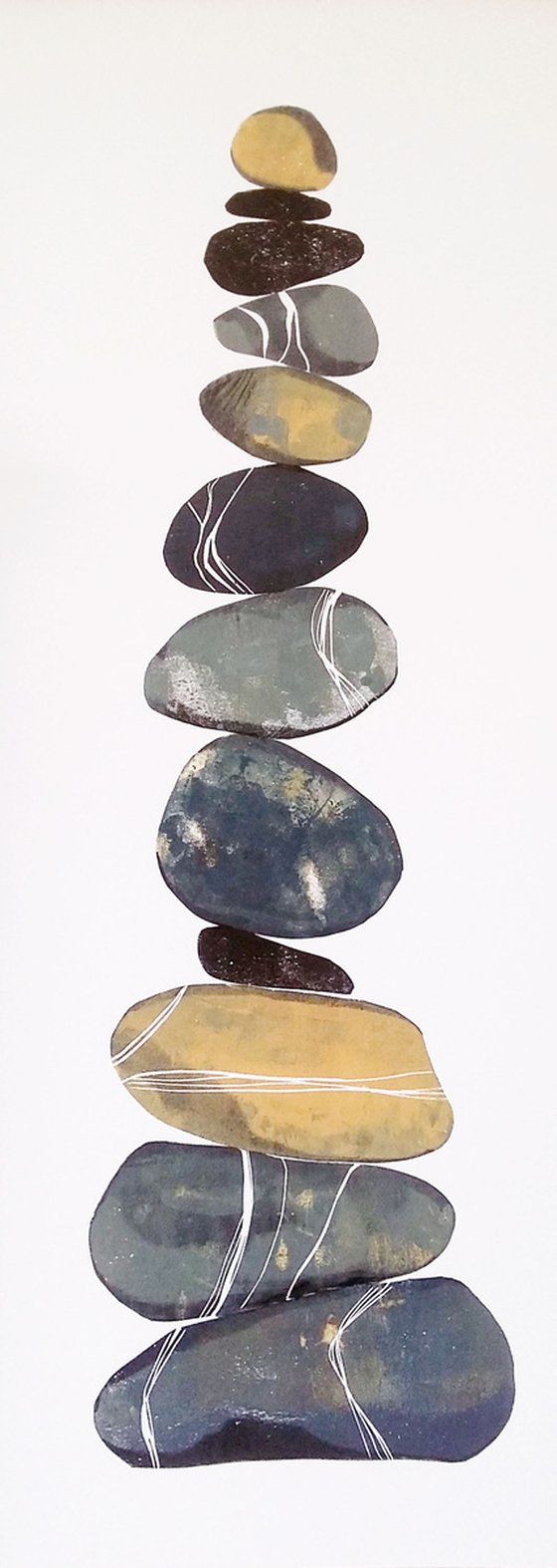 Zen stones - Twelve stones #7  ( banded balancing stones lino/monoprint)