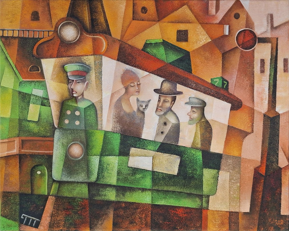 Geometric Cityscapes Oil Painting By Eugene Ivanov, 20 X 16, Green Tram, Original Artwork