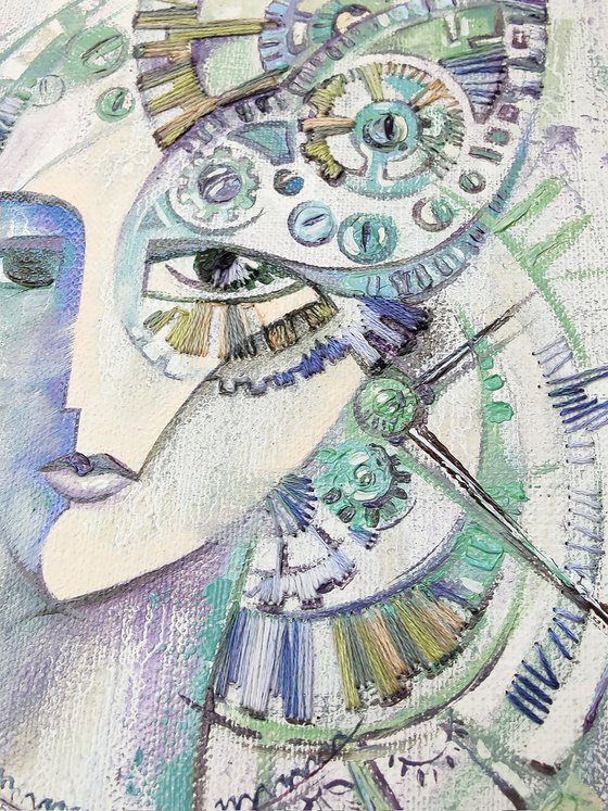 Through the time, steampunk, pale lilac painting with a woman's face and a clockwork, embroidery