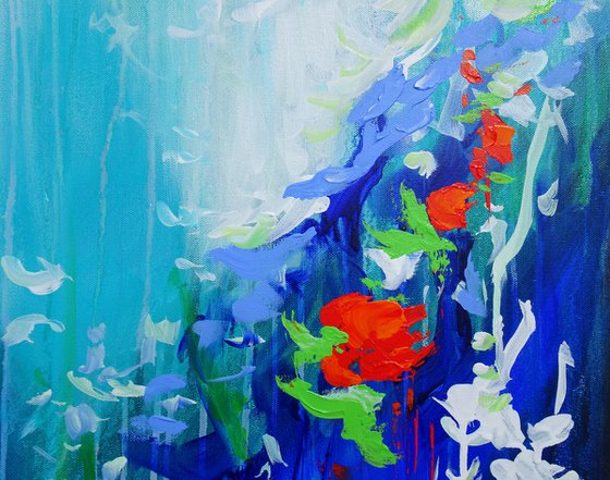 Abstract Flowers Modern Floral Landscape Painting. Blue, Red, Green, Violet, Teal, Abstract Tropical Flowers and Birds. Original Botanical Garden Painting on Canvas. Modern Impressionistic Art