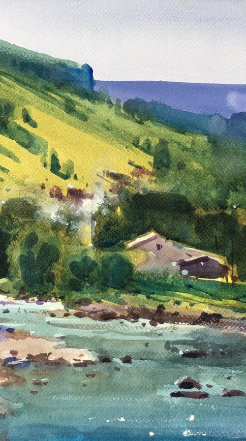 Summer landscape painting with river by Andrii Kovalyk