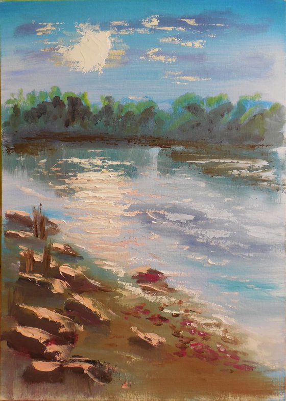 White sunset at the river. Plein air painting