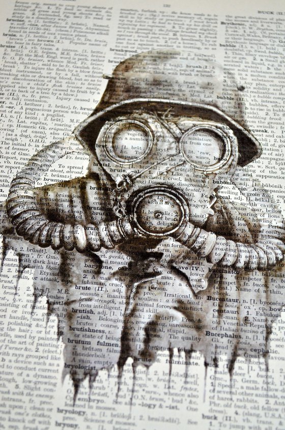 Gas Mask - Collage Art on Large Real English Dictionary Vintage Book Page