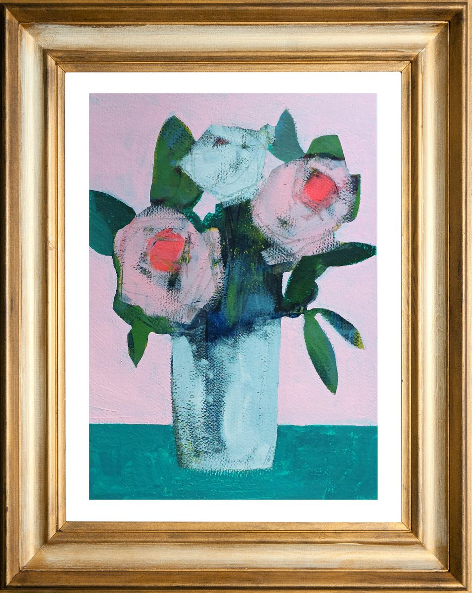 Abstract Botanical Acrylic Painting By Jan Rippingham, 11 X 15, Summer Flowers On Pink Iii, Original Artwork