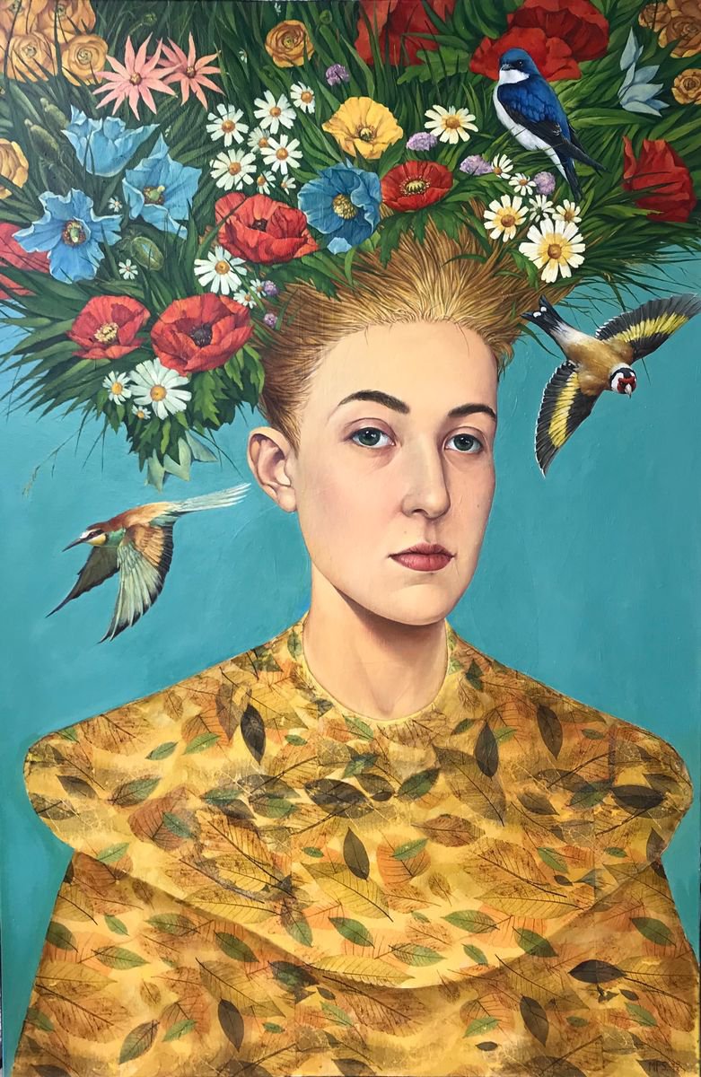 Photorealistic Portrait Painting By Marina Popkova-Sologub, 31 X 47", Dreamer With Birds, Original Artwork