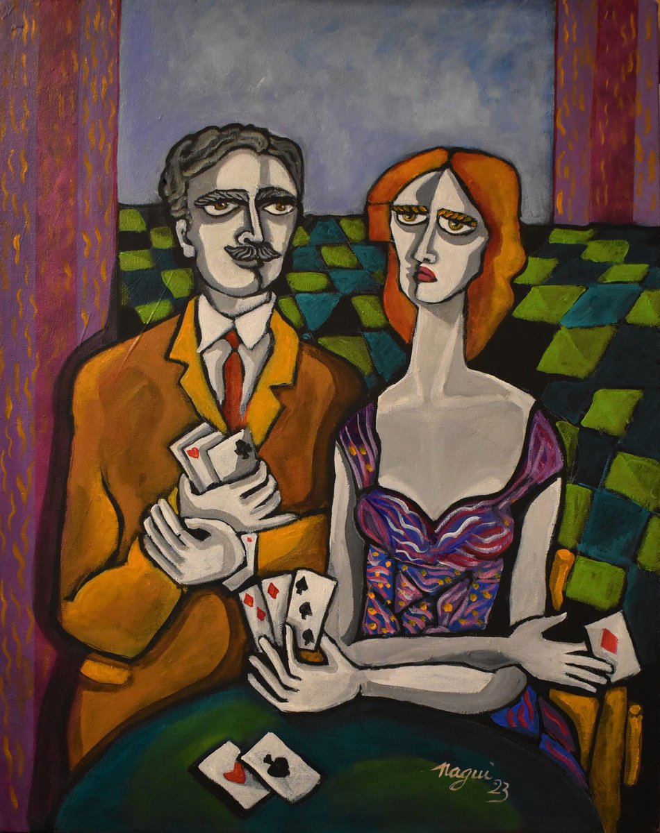 Expressive Portrait Acrylic Painting By Nagui, 16 X 20", Card Game Cheater, Original Artwork