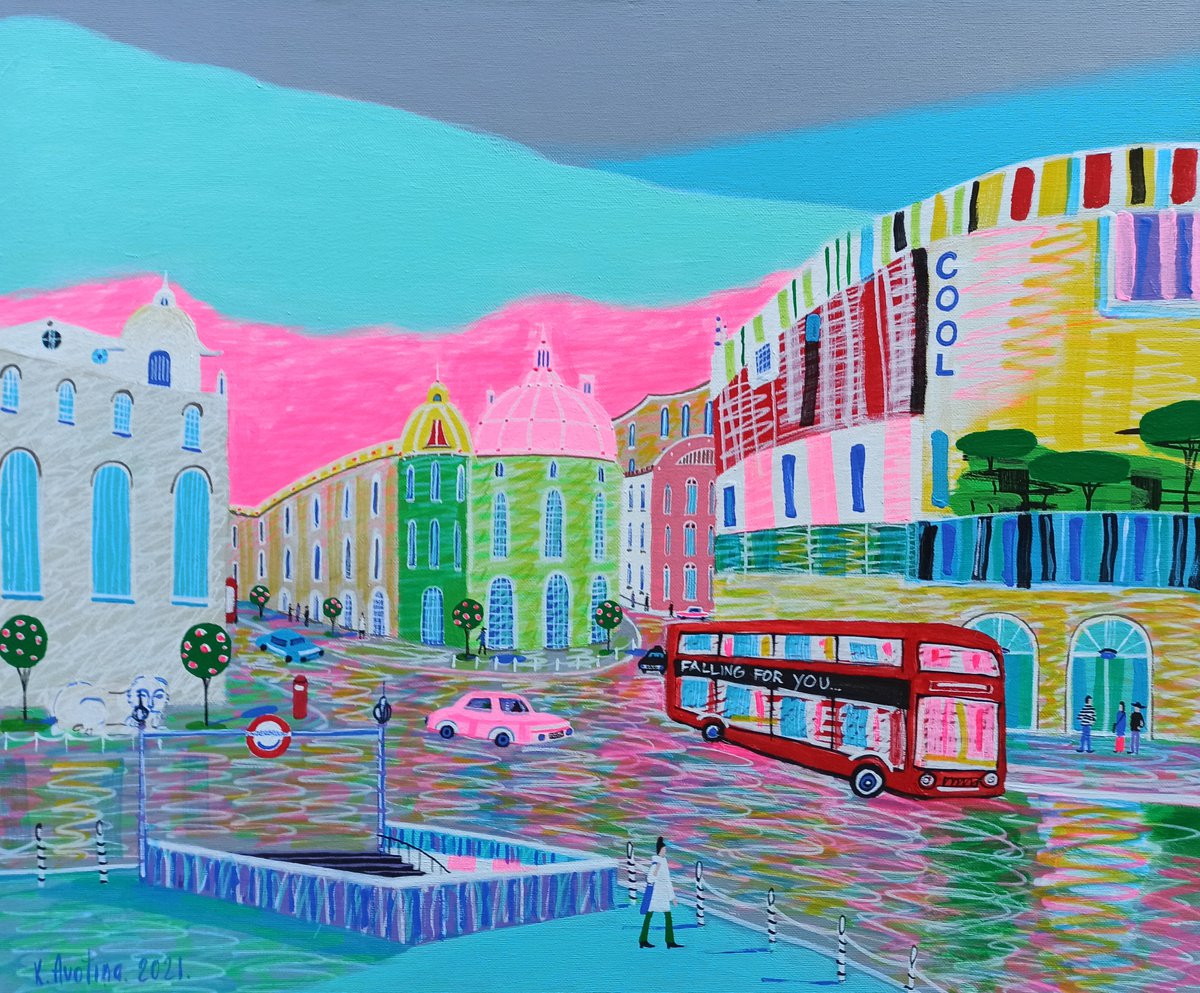 Impressionistic Cityscapes Acrylic Painting By Katrina Avotina, 24 X 20", Falling For You, Original Artwork