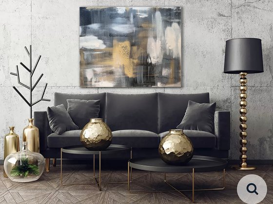100x80cm Black and gold. Gray and gold abstract painting. Nacre.