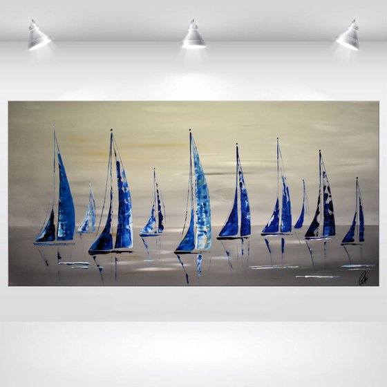Blue Sails  - Abstract Seascape - Acrylic Painting - Canvas Art- Blue Wall Art