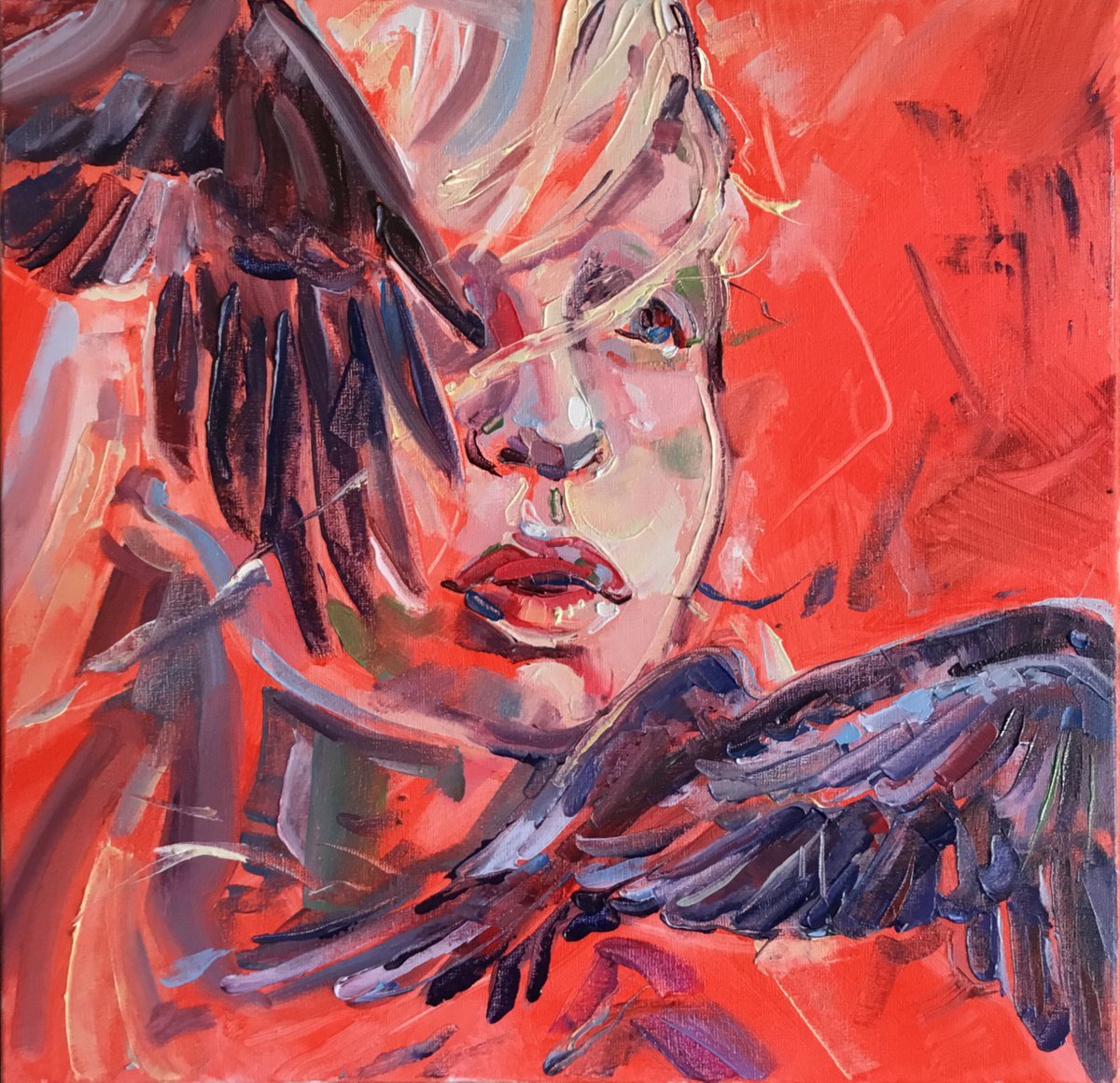 Expressive Portrait Oil Painting By Iryna Tymkul, 14 X 14, Black Pigeons (2020), Original Artwork