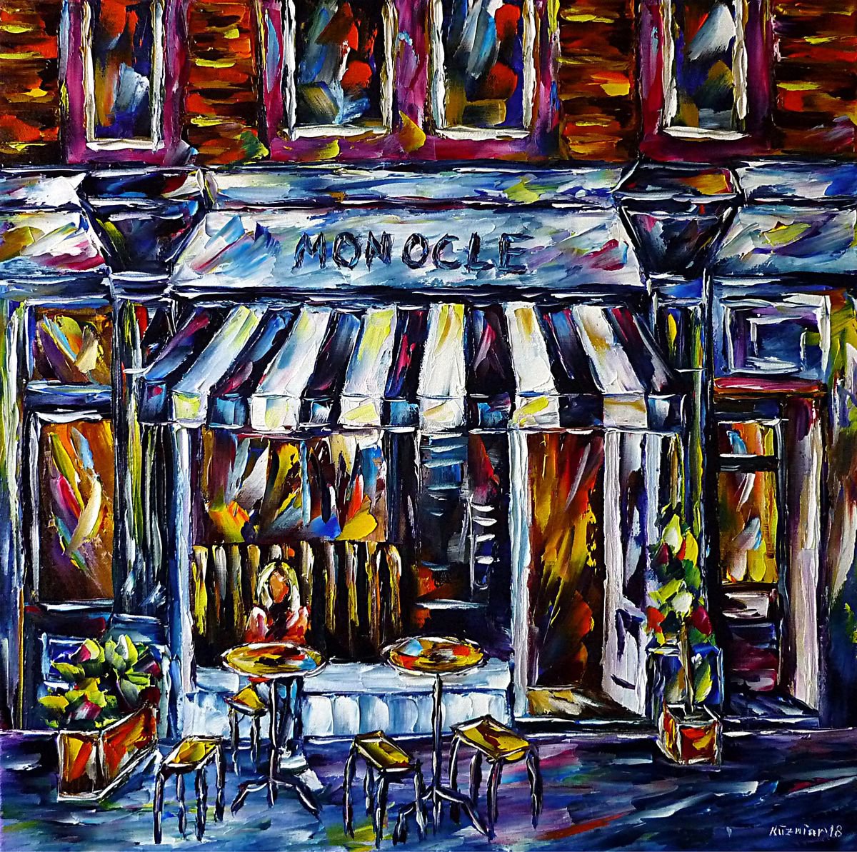 Expressive Cityscapes Oil Painting By Mirek Kuzniar, 20 X 20", Cafe Monocle, Original Artwork
