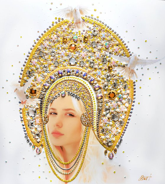 Queen \ Princess with jewelry crown. Folk art mixed media photo collage with precious stones, rhinestones
