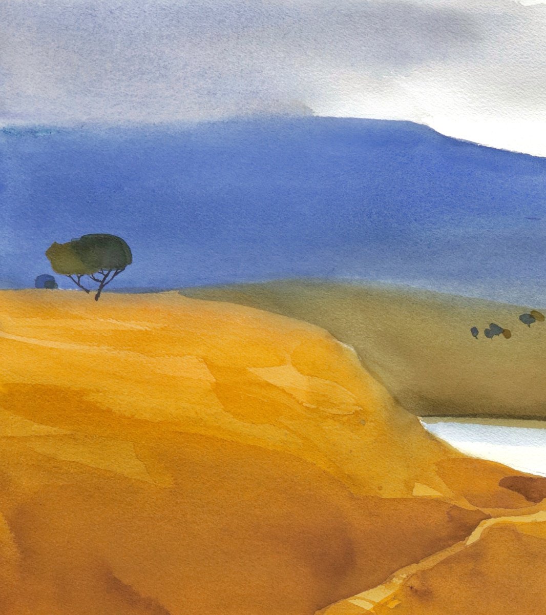 Impressionistic Landscape Watercolour By Prashant Prabhu, 18 X 18", Indian Summer Yellows & Blues, Original Artwork