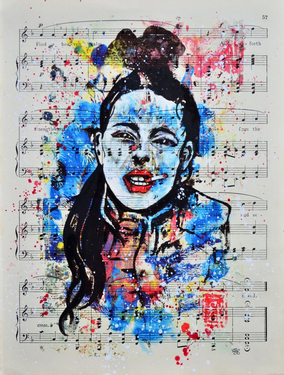 Girl With The Cigarette - Collage Art on Vintage Music Sheet Page