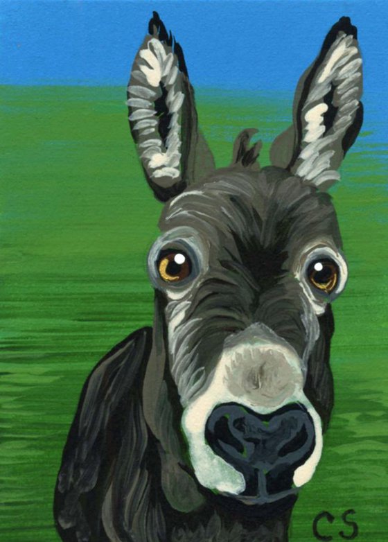 ACEO ATC Original Painting Donkey Farmyard Animal Pet  Art-Carla Smale