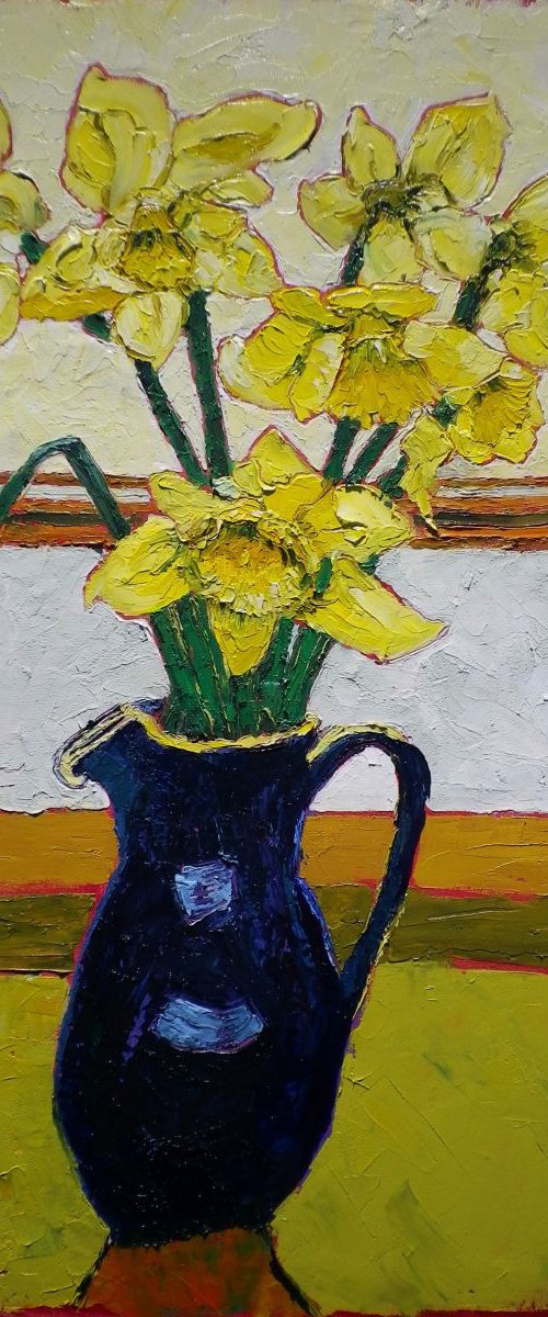 Seven daffodils on a pale citrus ground by Richard Meyer