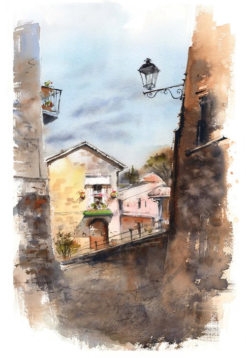 Old Architecture in Italy Scene Watercolor Painting by Sophie Rodionov