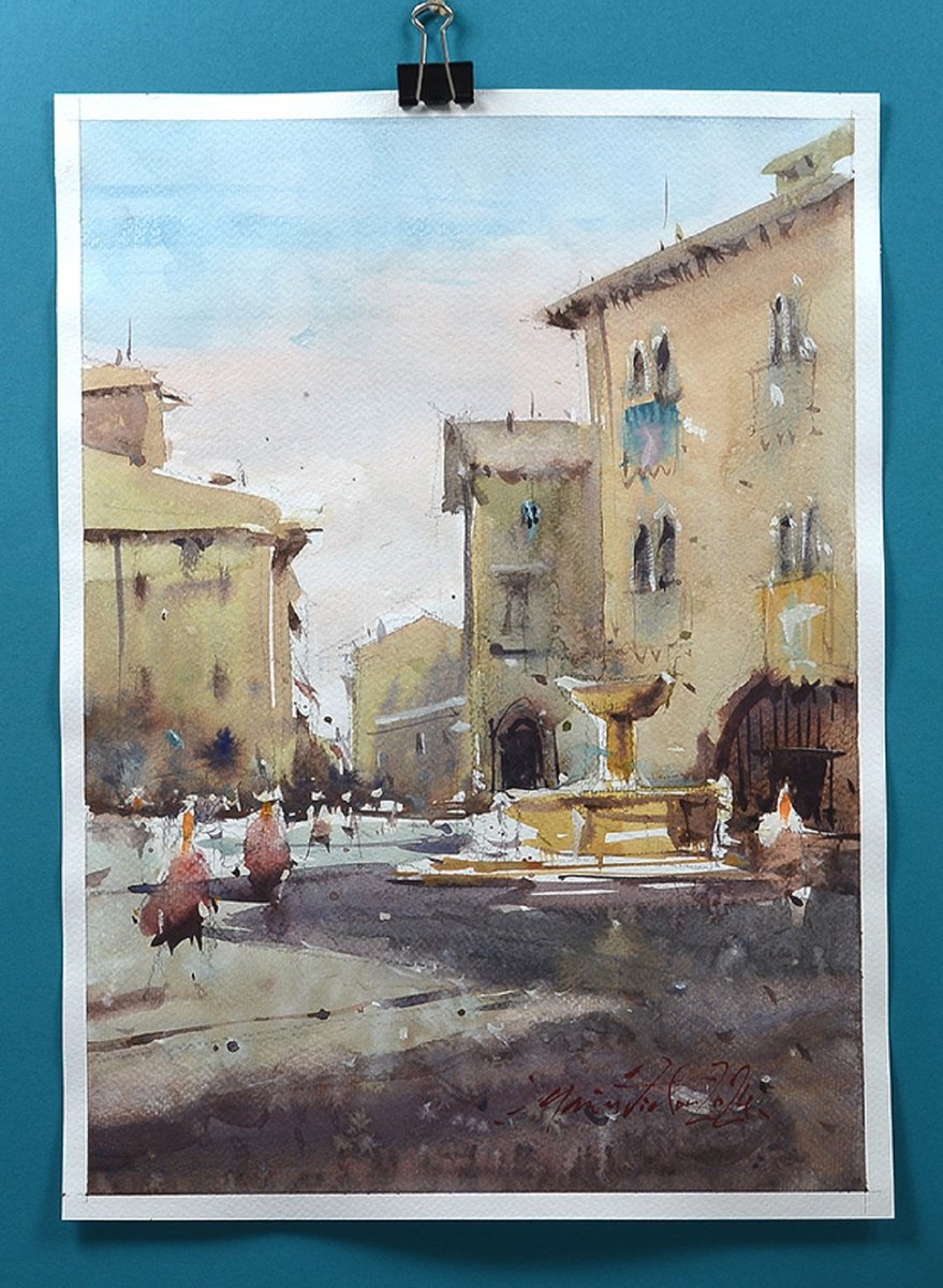 Impressionistic Cityscapes Watercolour By Marin Victor, 9 X 14", Bevagna, Watercolor Art., Original Artwork