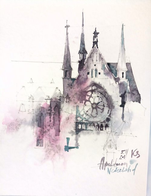 "Gothic cathedral towers in Apeldoorn, Netherlands" architectural landscape - Original watercolor painting by Ksenia Selianko