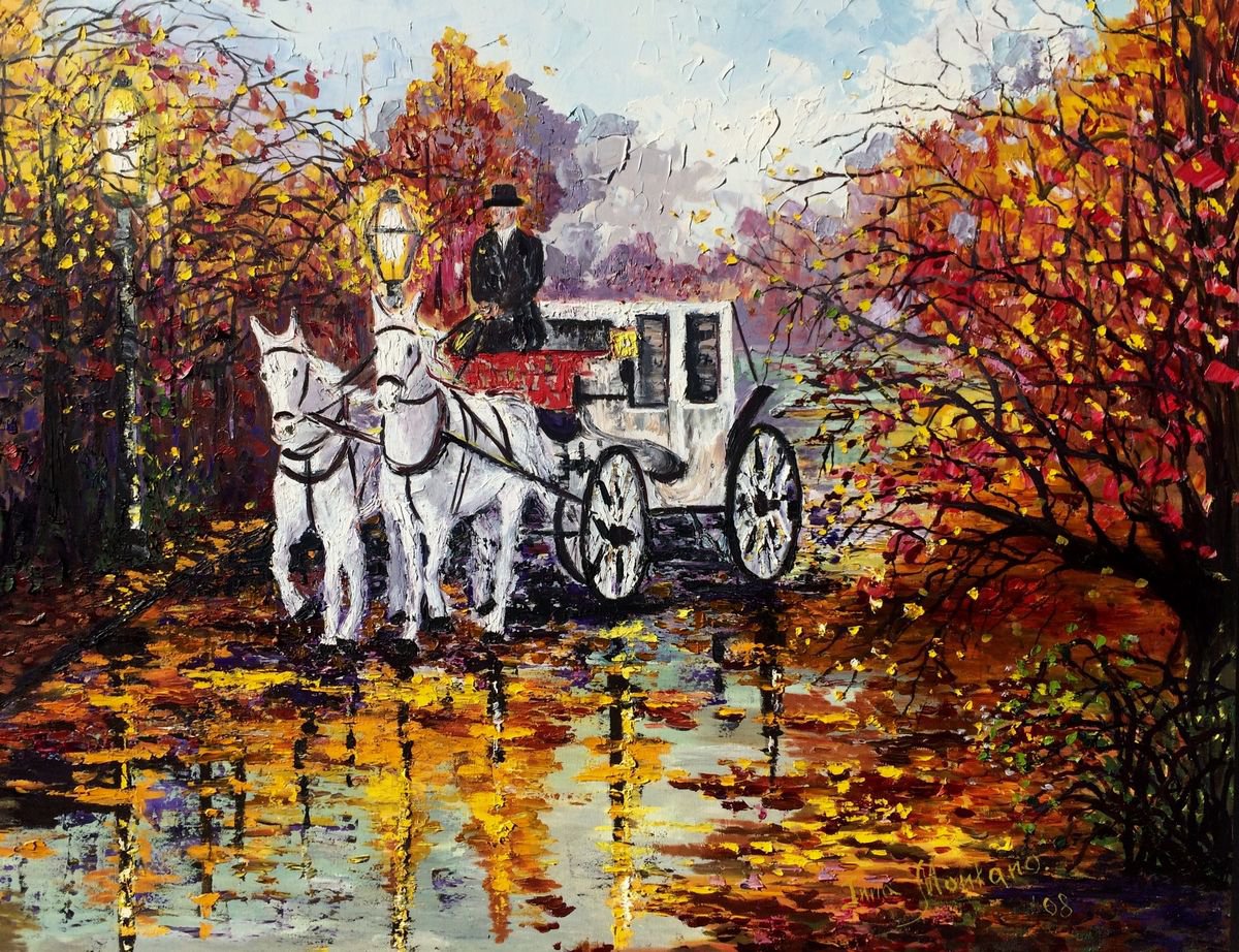 Impressionistic Landscape Oil Painting By Inna Montano, 48 X 36, Autumn Carriage, Original Artwork