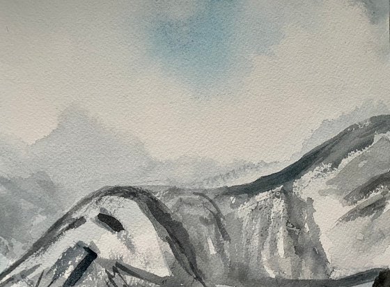 Mountains Original Painting, Snowy Winter Landscape Watercolor Artwork, Cozy Home Decor