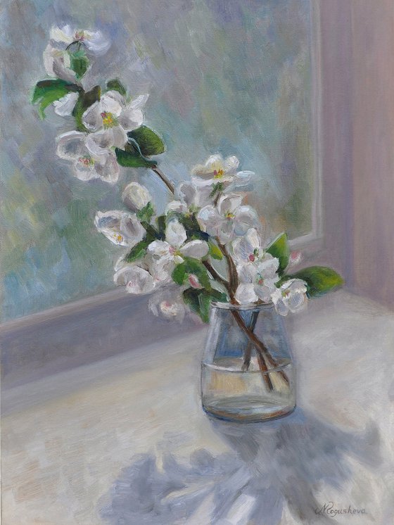 Spring flowers by the window original oil painting