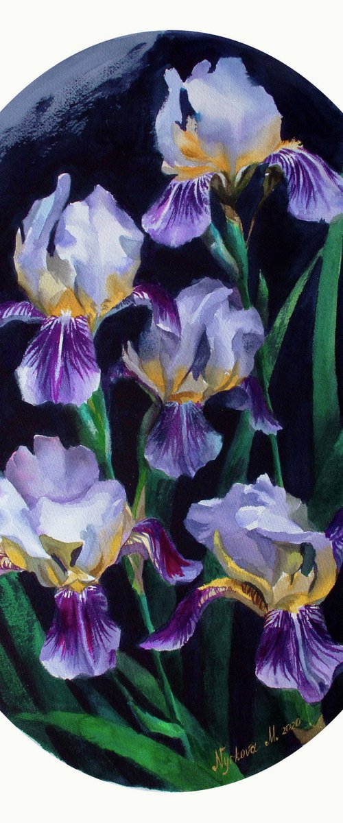 Irises in watercolor by Marta Nyrkova