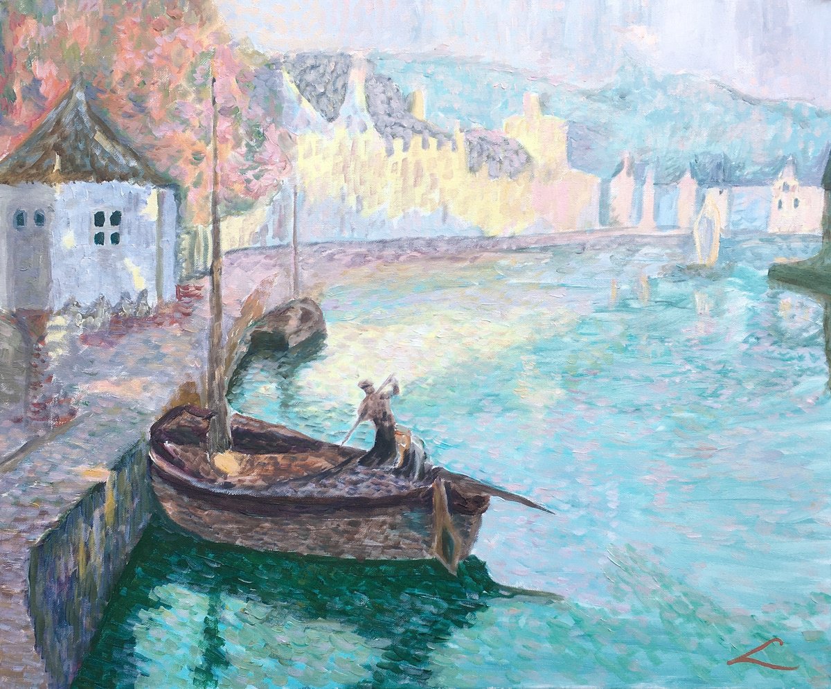 Impressionistic Landscape Oil Painting By Elena Sokolova, 24 X 20, Small Harbor, Original Artwork