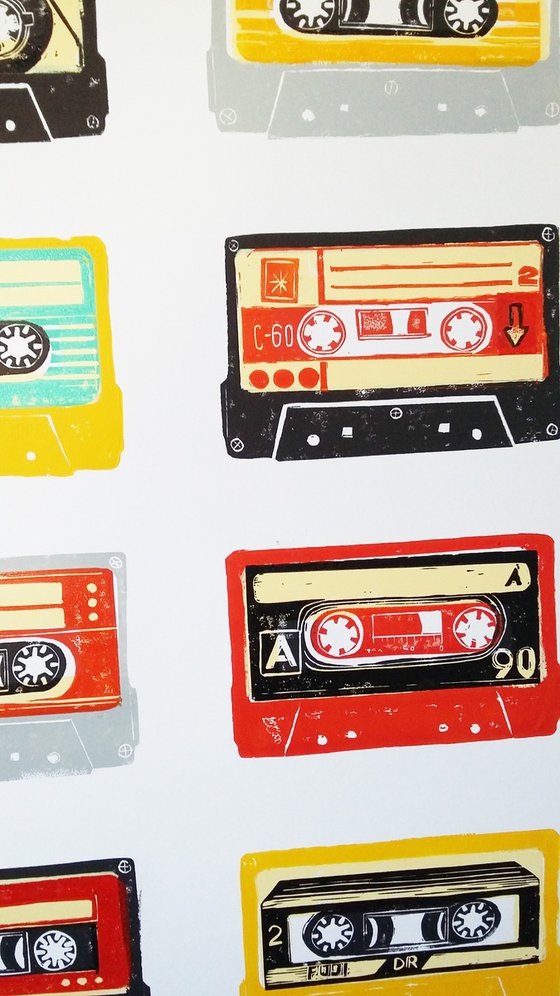 Linocut tapes #49 (cassette tapes, retro music, 70's, 80's rock culture)