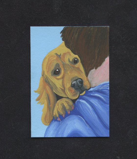 ACEO ATC Original Miniature Painting Golden Retriever Pet Dog Human Love Art-Carla Smale