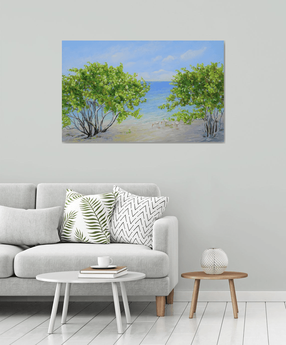 ENDLESS SUMMER. Tropical Island Seascape Painting of Florida Beach and Sea Birds.