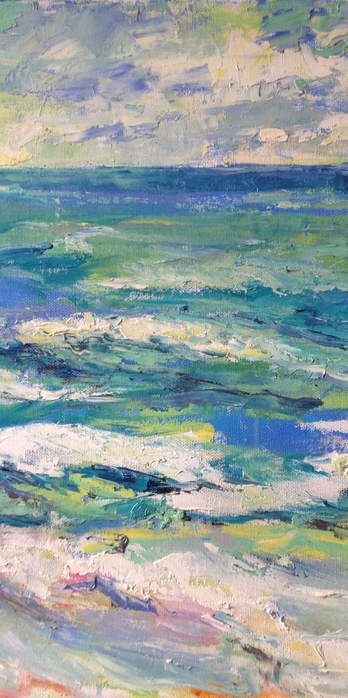 Early autumn sea. waves curl ocean summer original painting oil etude by Nataliia Nosyk