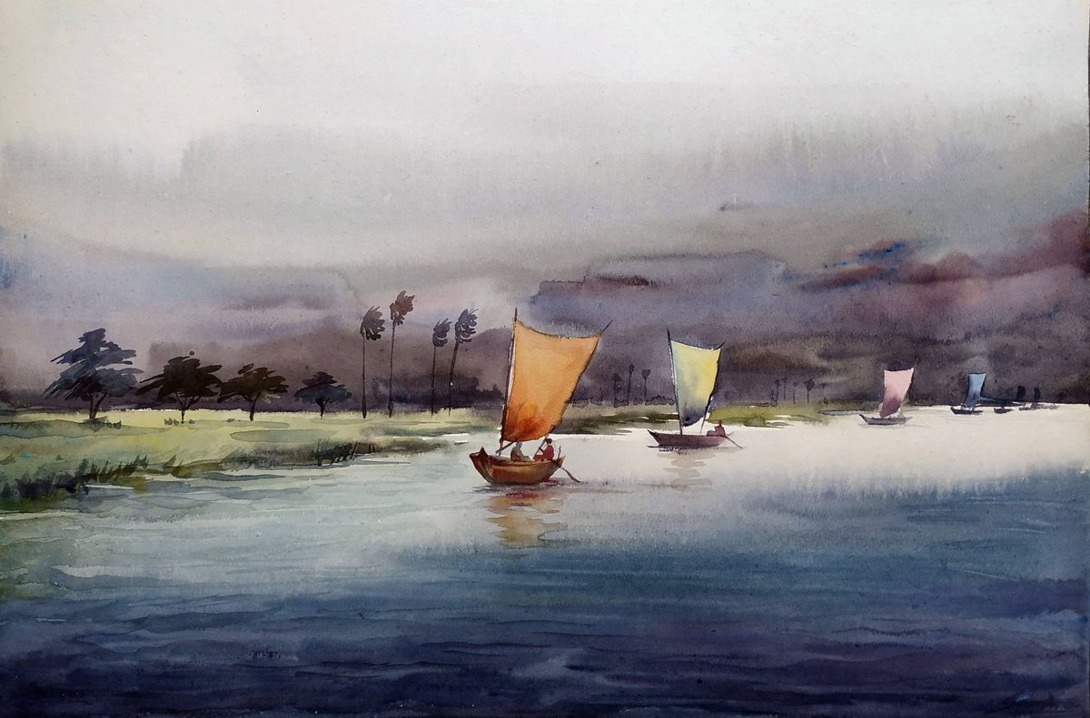 Impressionistic Landscape Watercolour By Samiran Sarkar, 22 X 15", Sailing Boats At Stormy Day, Original Artwork