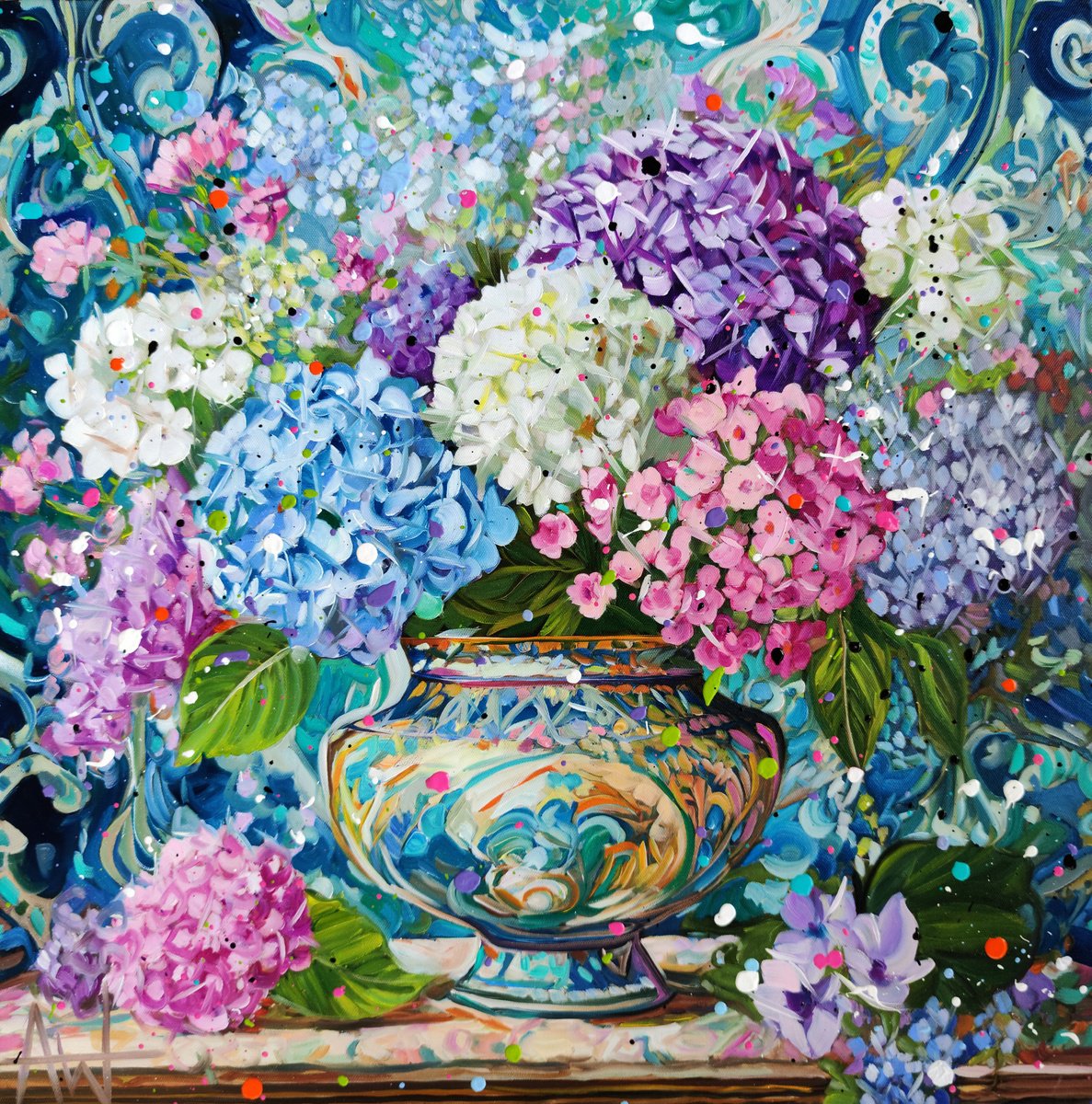 Impressionistic Still Life Oil Painting By Angie Wright, 24 X 24, Harmony In Blue, Original Artwork