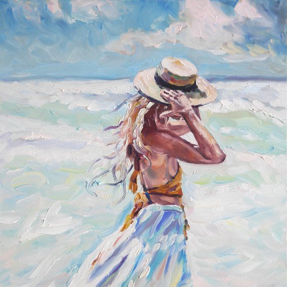 "Sea,  wind,  sun and girl with bonnet" original oil painting, girl love wall decor gift idea