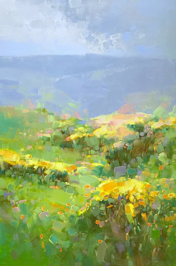 Flowers Valley, Landscape oil painting, One of a kind, Signed, Handmade artwork
