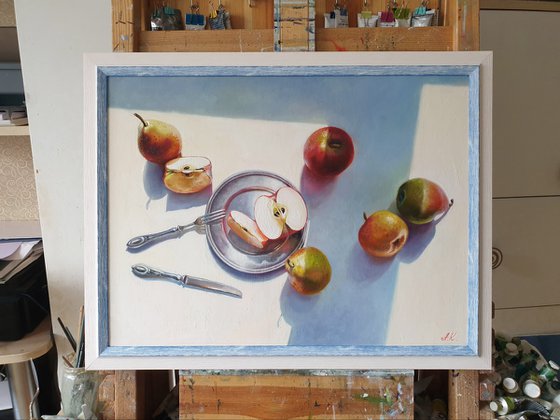 "Apples and pears. "  still life summer grape pear white liGHt original painting  GIFT (2021)