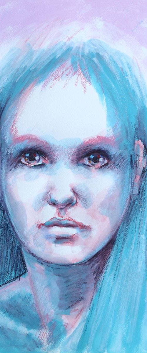 The girl with blue hair - mixed media on paper - 36X48 cm by Fabienne Monestier