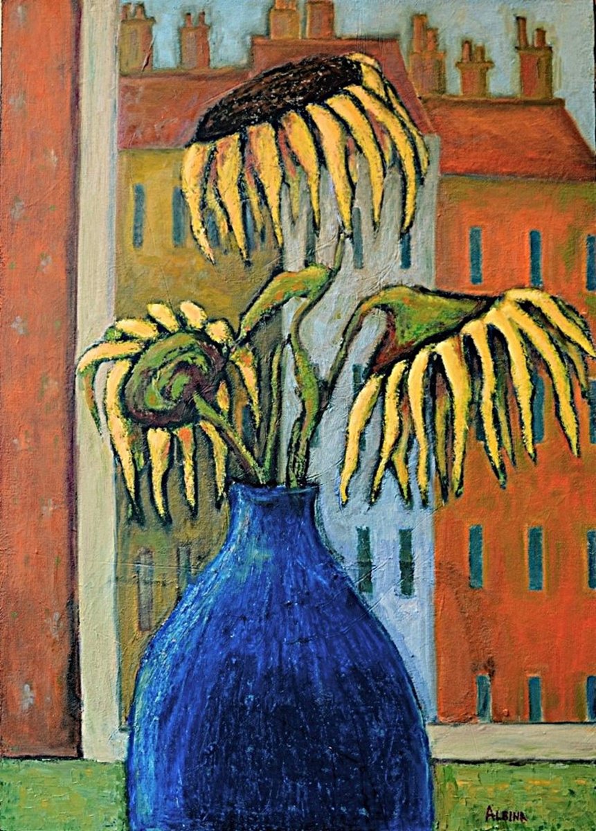 Naive Botanical Oil Painting By Albina Urbanek, 21 X 30, Sunflowers, Original Artwork