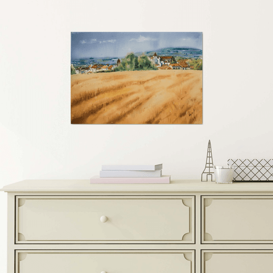 August in French village. Original watercolor. Small painting landscape field fall nature