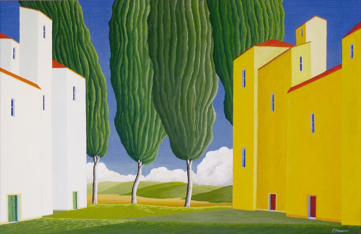Surrealistic Landscape Painting By Giuliano Monechi, 26 X 18, Silent Landscape, Original Artwork