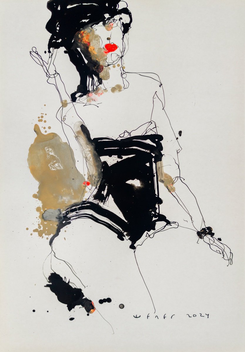 Expressive Portrait Ink Drawing By Victor Sheleg, 14 X 20", Lady 5, Original Artwork