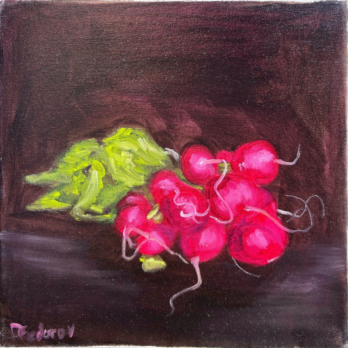 Impressionistic Still Life Oil Painting By Dmitry Fedorov, 12 X 12, Still Life With Radish, Original Artwork